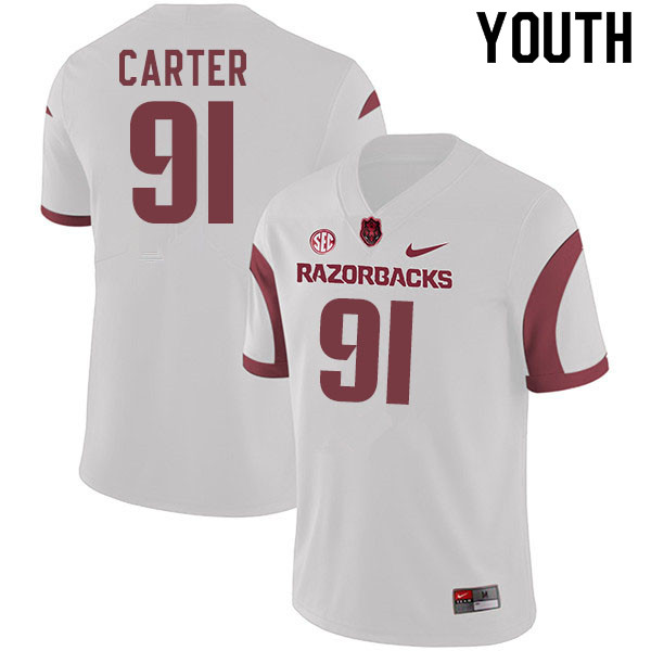 Youth #91 Taurean Carter Arkansas Razorbacks College Football Jerseys Sale-White - Click Image to Close